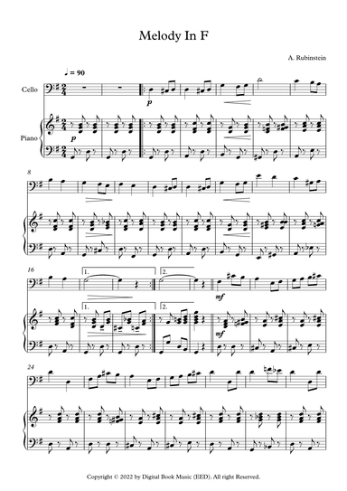 Melody In F - Anton Rubinstein (Cello + Piano) (arr. Digital Book Music)