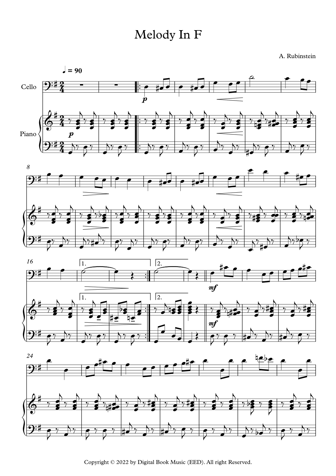 Melody In F - Anton Rubinstein (Cello + Piano) (arr. Digital Book Music)
