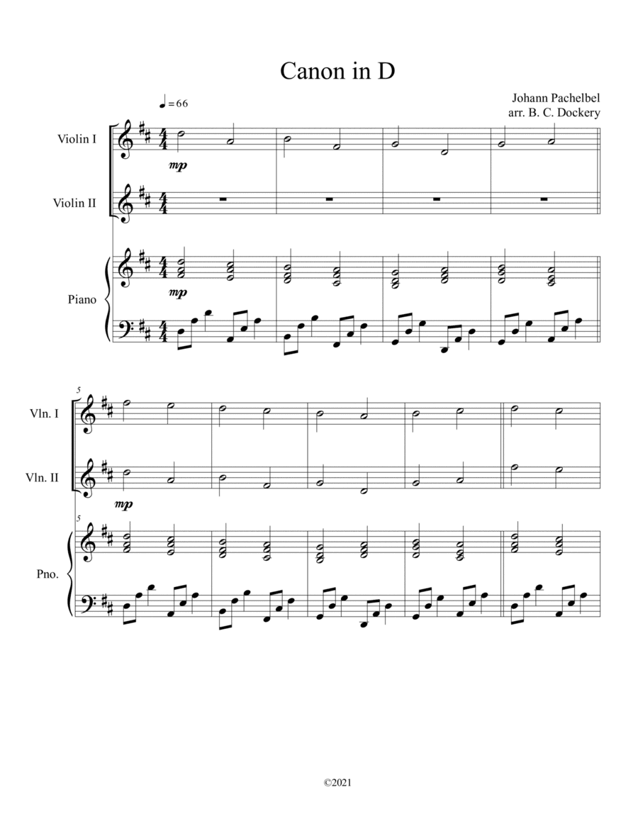 Canon in D for 2 Violins and Piano (arr. B. C. Dockery)