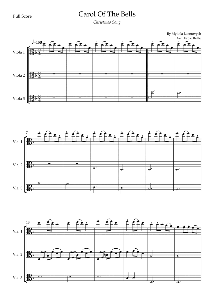 Carol Of The Bells (Christmas Song) for Viola Trio (D Minor) (arr. Fabio Britto)