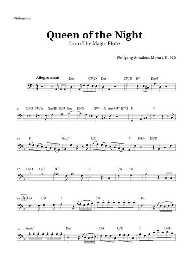 Queen of the Night by Mozart for Cello with Chords (arr. Langanho)