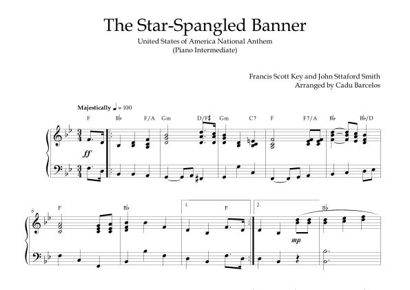 The Star-Spangled Banner - EUA Hymn (Piano Intermediate) Chords (arr. Cadu Barcelos)