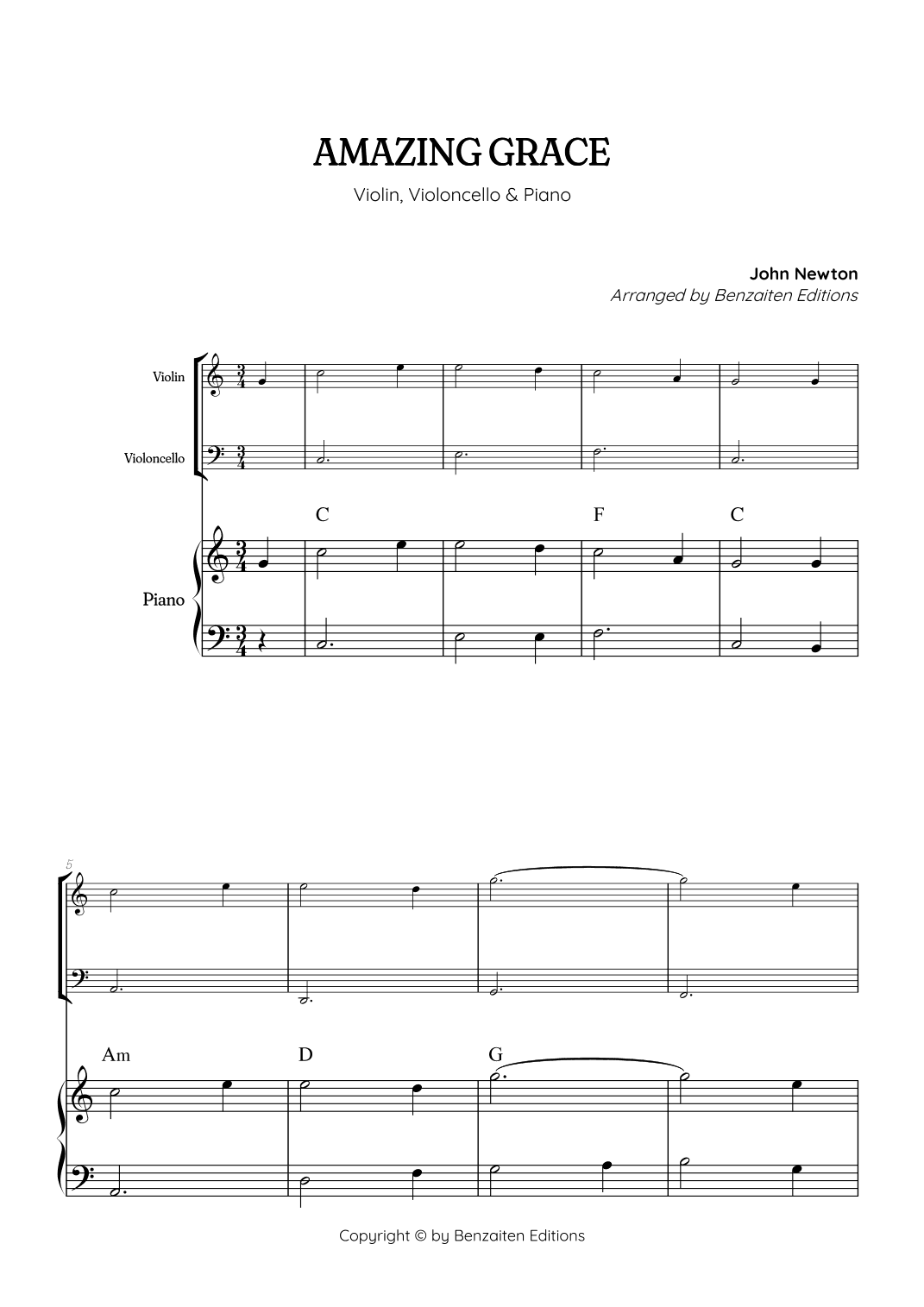 Amazing Grace • super easy violin and cello with easy piano accompaniment (and chords) (arr. Benzaiten Editions)
