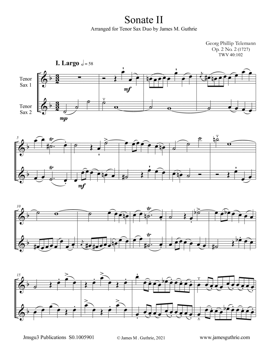 Telemann: Sonata Op. 2 No. 2 for Tenor Sax Duo (arr. James M. Guthrie)
