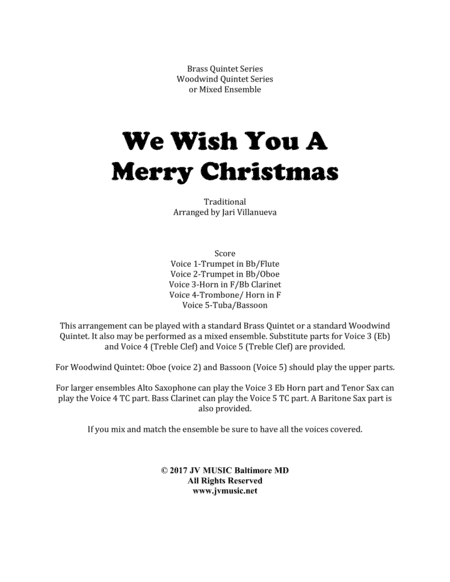 We Wish You A Merry Christmas for Brass or Woodwind Quintet or Mixed Ensemble (arr. Jari Villanueva)