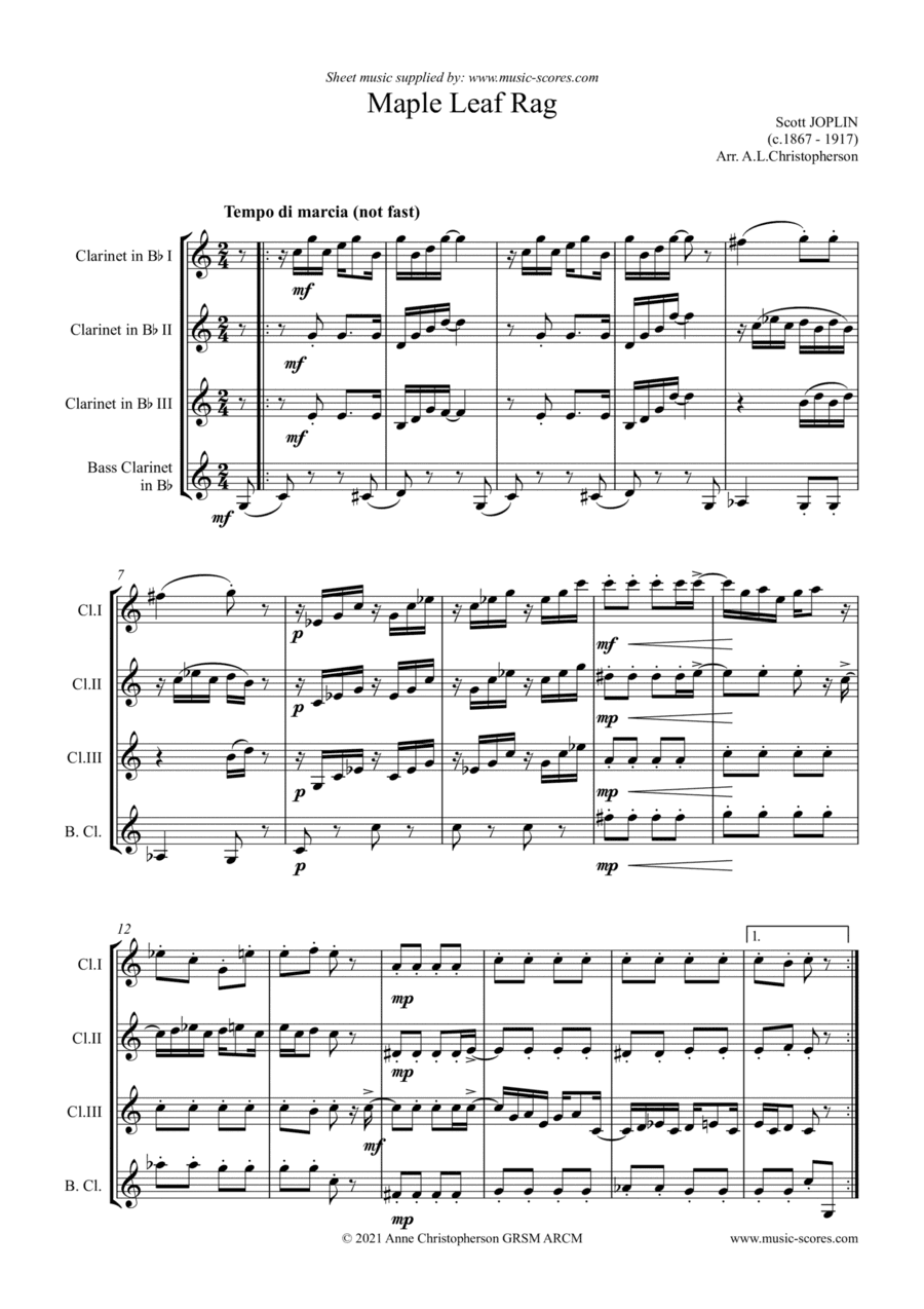 Maple Leaf Rag - 3 Clarinets & Bass Clarinet (arr. Anne L Christopherson GRSM ARCM)
