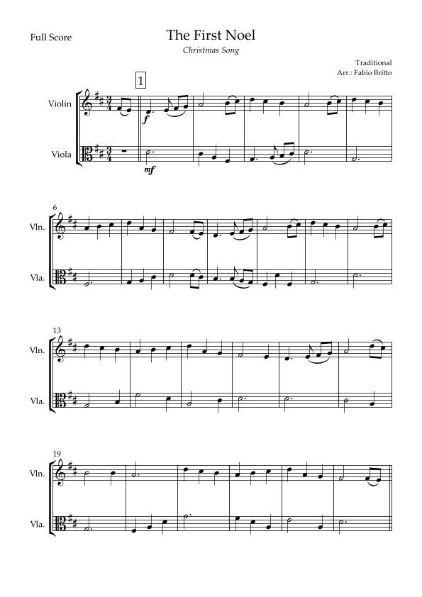 The First Noel (Christmas Song) for Violin & Viola Duo (arr. Fabio Britto)