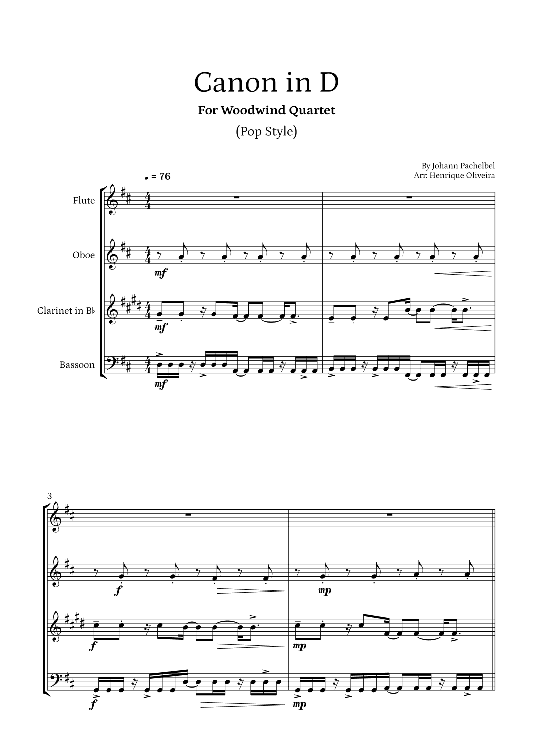 Canon in D (Pop Style) - For Woodwind Quartet (arr. Henrique Oliveira)