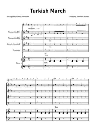 Turkish March by Mozart - Brass Quartet with Piano and Chord Notations (arr. Glauco Fernandes)
