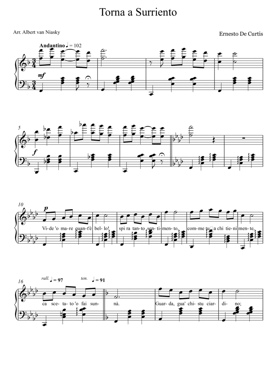 Torna a Surriento_F -  major key (or relative minor key) (arr. Albert van Niasky)