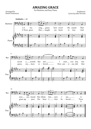 Amazing Grace (for baritone vocal with easy piano) (arr. Daniel Nakamura)