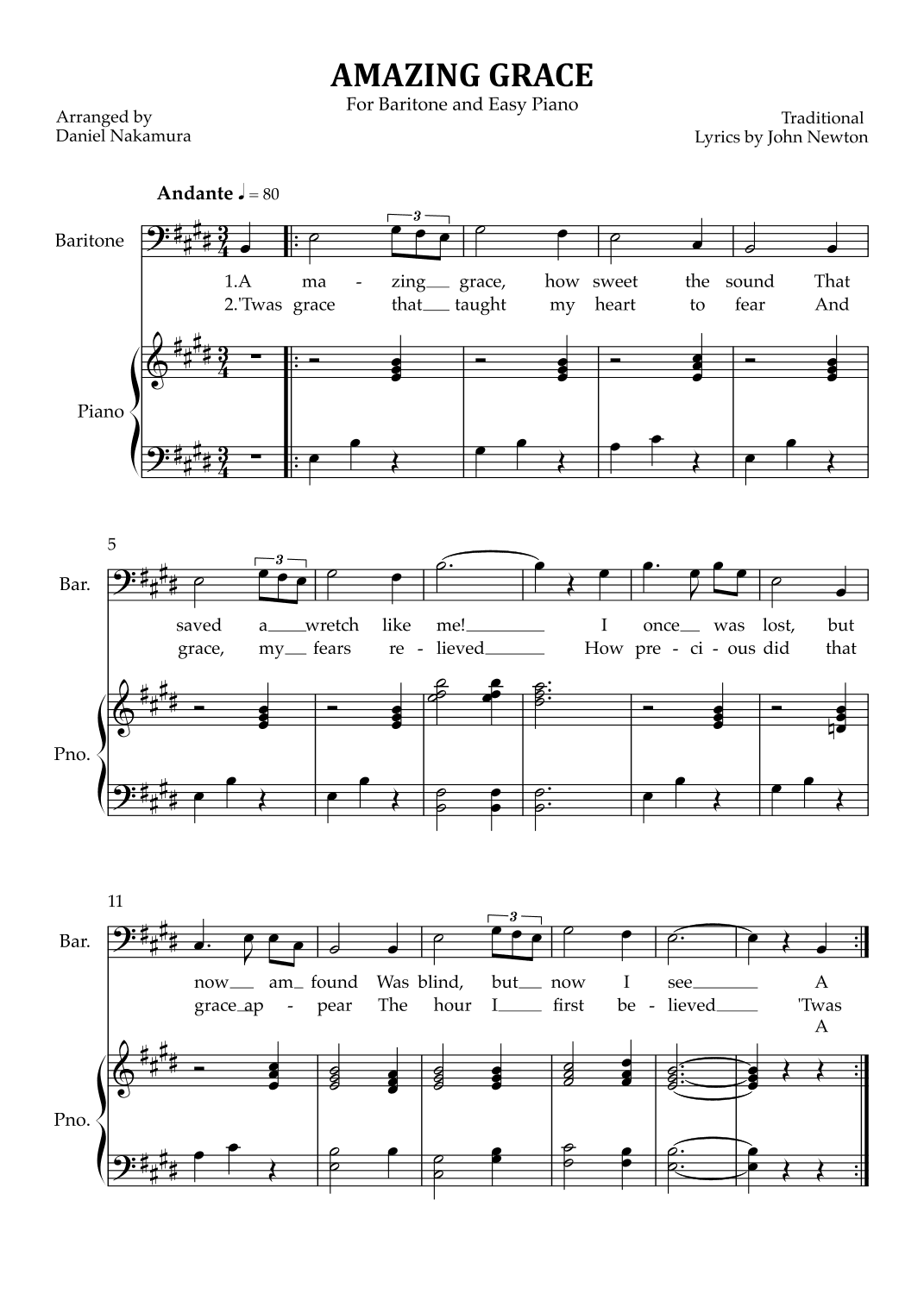 Amazing Grace (for baritone vocal with easy piano) (arr. Daniel Nakamura)