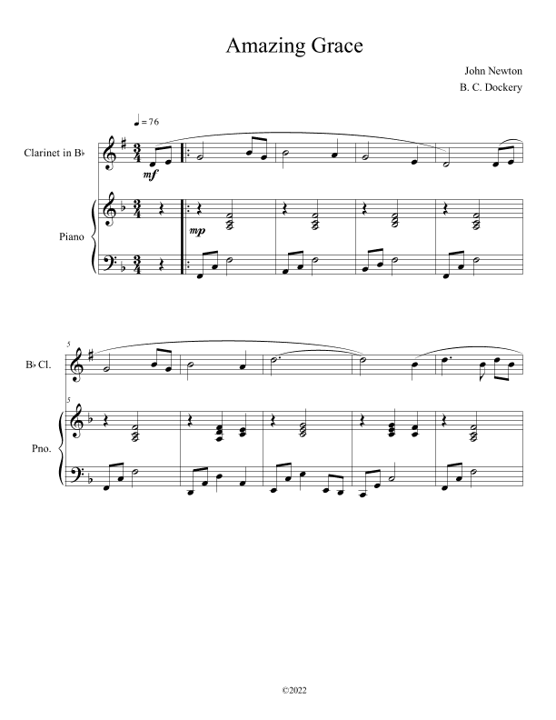Amazing Grace (Solo Clarinet with Piano Accompaniment) (arr. B. C. Dockery)
