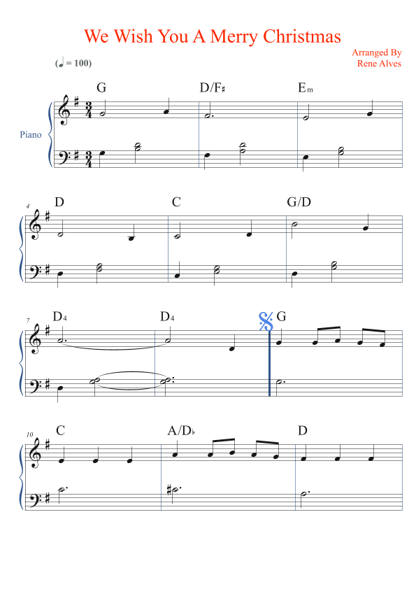 We Wish You A Merry Christmas, Piano sheet music for the beginning musician (easy). (arr. Rene Alves)