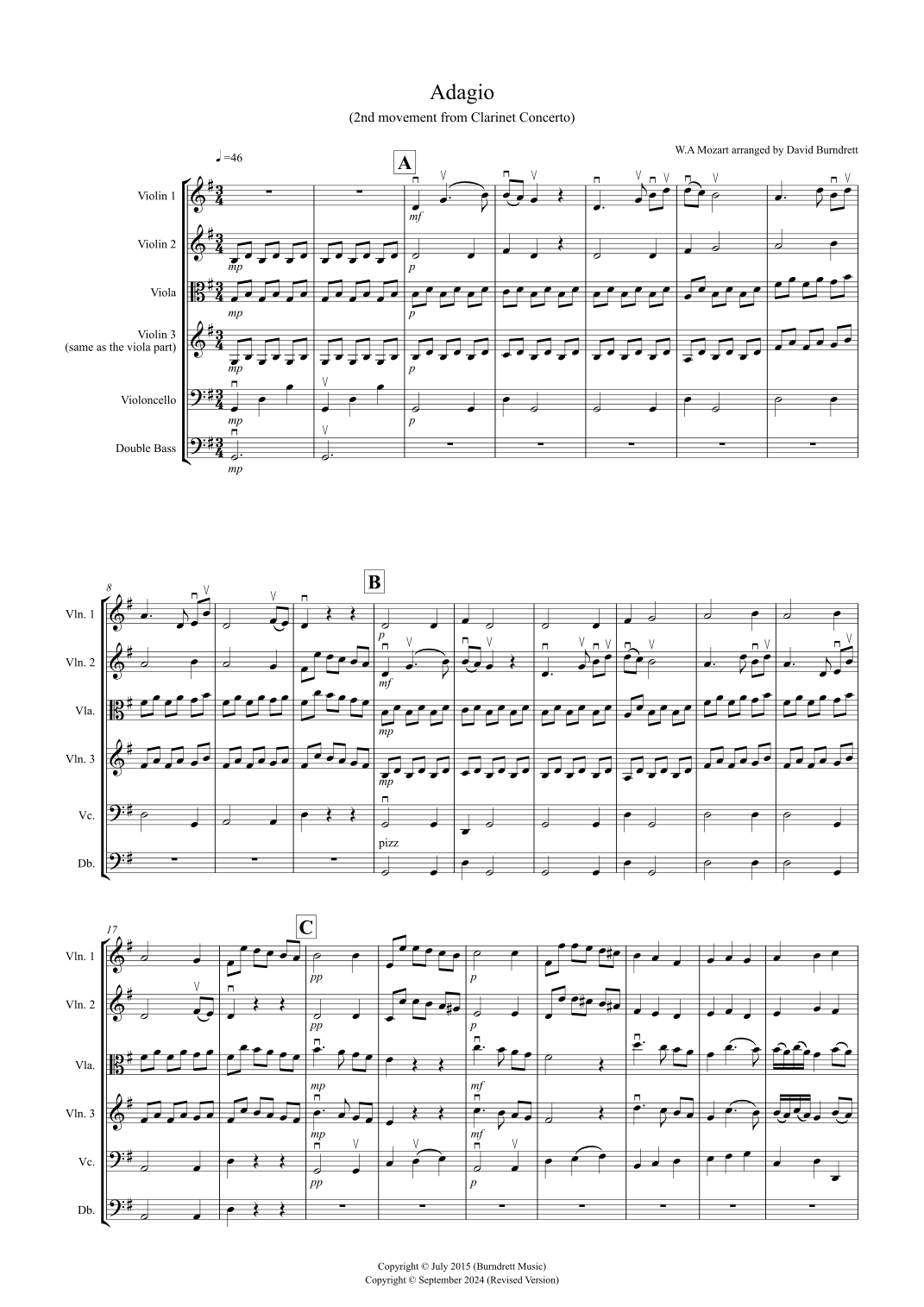 Adagio from Mozart's Clarinet Concerto for String Orchestra (arr. David Burndrett)