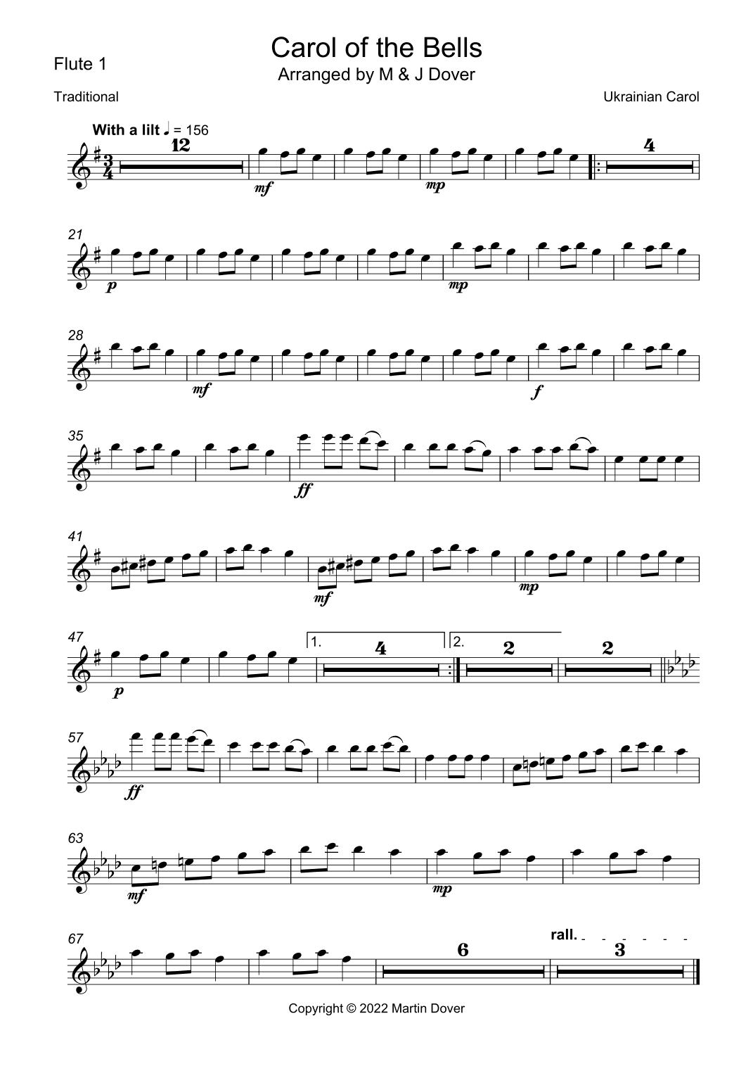 Carol of the Bells - Flute Duet with Piano Accompaniment (arr. M & J Dover)