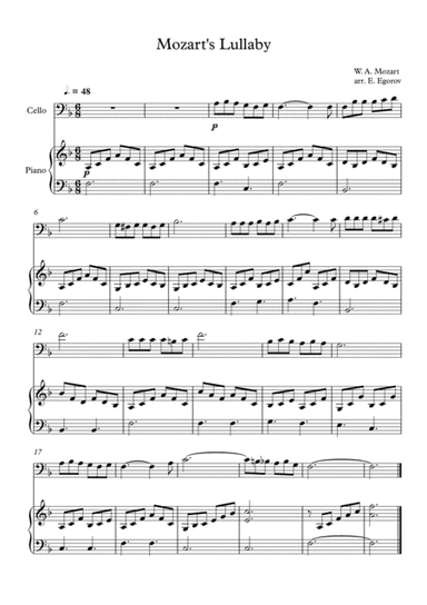Mozart's Lullaby, For Cello & Piano