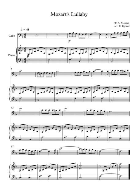 Mozart's Lullaby, For Cello & Piano