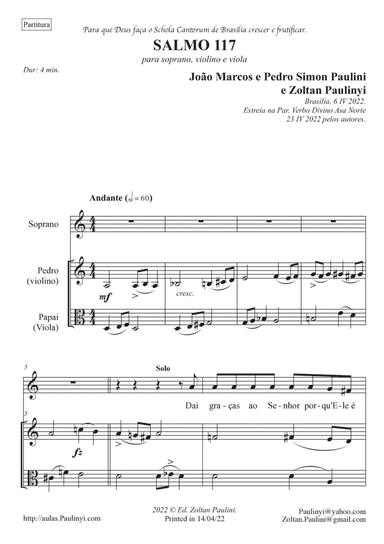 Salmo 117 (Psalm in Portuguese) for Soprano, Violin, Viola. Full score and set of parts. Partitura e