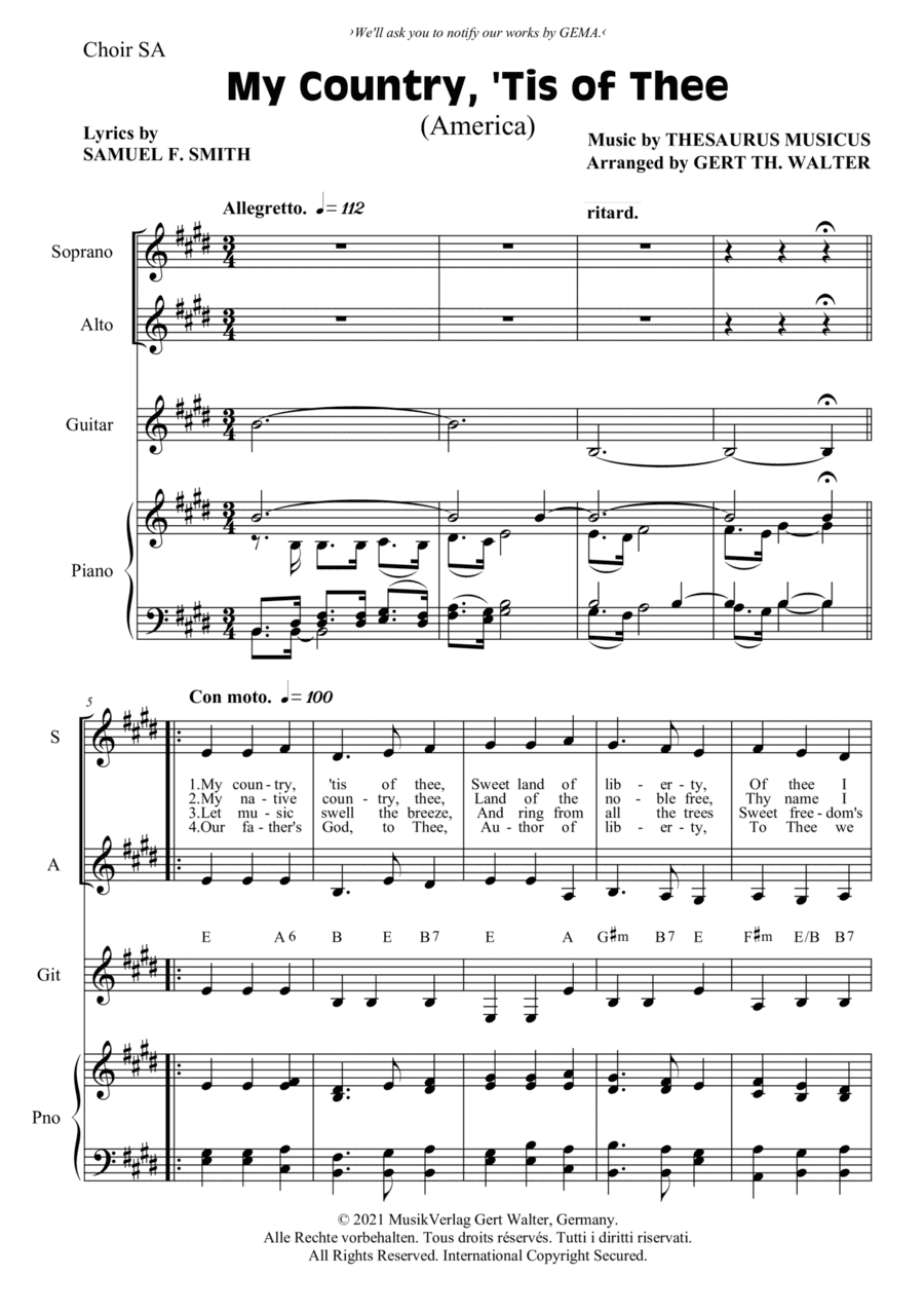 My Country, 'Tis Of Thee (America) (arr. Gert Th. Walter)