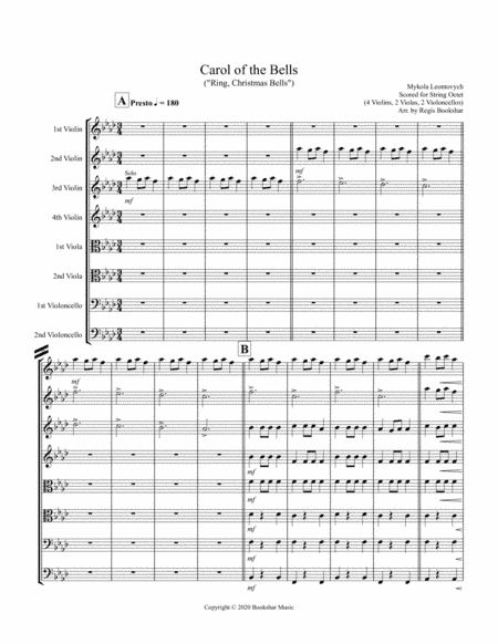 Carol of the Bells (F min) (String Octet - 4 Violin, 2 Viola, 2 Cello) (arr. Regis Bookshar)