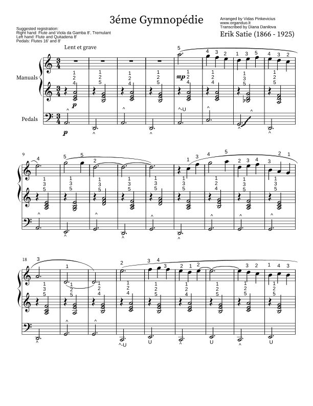 3ème Gymnopèdie (arr. for Organ Solo) by Erik Satie with Fingering and Pedaling (arr. Vidas Pinkevicius)