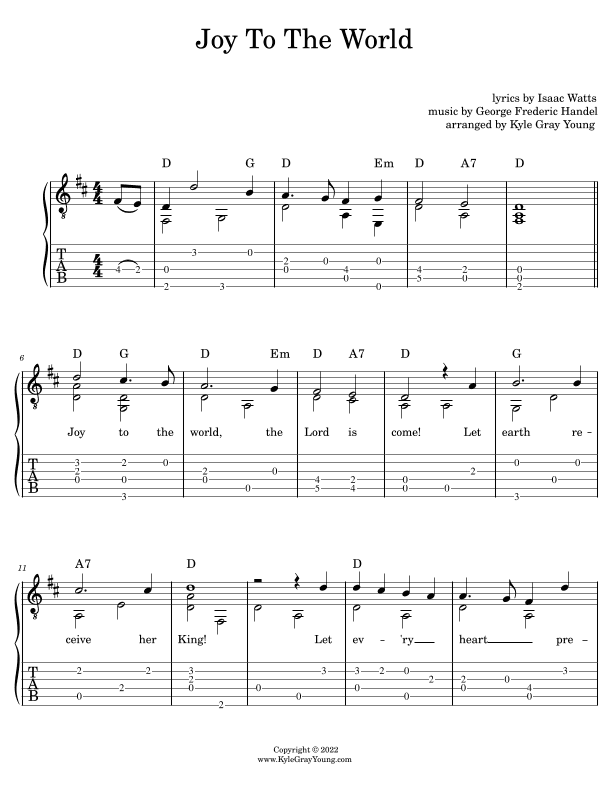 Joy To The World (easy fingerstyle guitar tablature) (arr. Kyle Gray Young)
