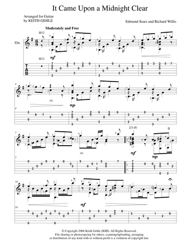 "It Came Upon a Midnight Clear" for solo classical fingerstyle guitar (+ TAB) (arr. Keith W. Gehle)