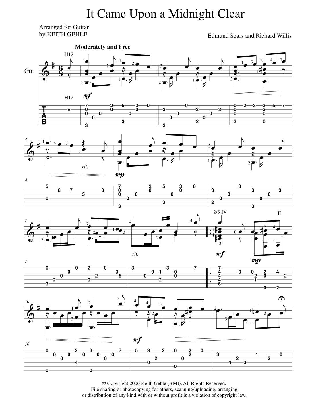 "It Came Upon a Midnight Clear" for solo classical fingerstyle guitar (+ TAB) (arr. Keith W. Gehle)