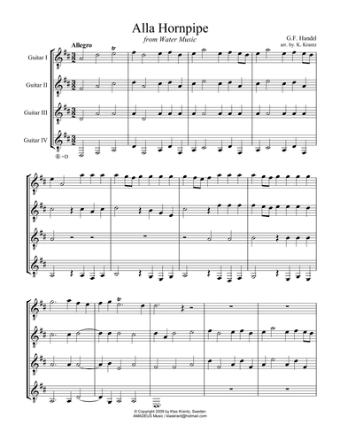 Alla Hornpipe from Water Music for easy guitar quartet (arr. K. Krantz)