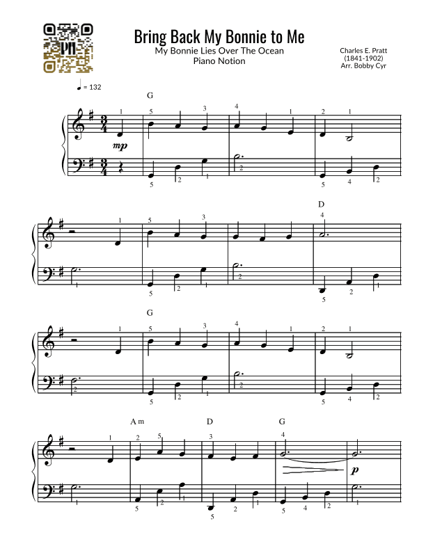 My Bonnie Lies Over The Ocean (Easy Piano) (arr. Bobby Cyr)