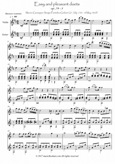 Easy Violin Guitar duets by Giuliani 74-5 (arr. PianoSheetNow)