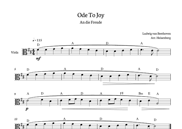 Beethoven - Ode To Joy for Viola with chords in D major (arr. Heisenberg)