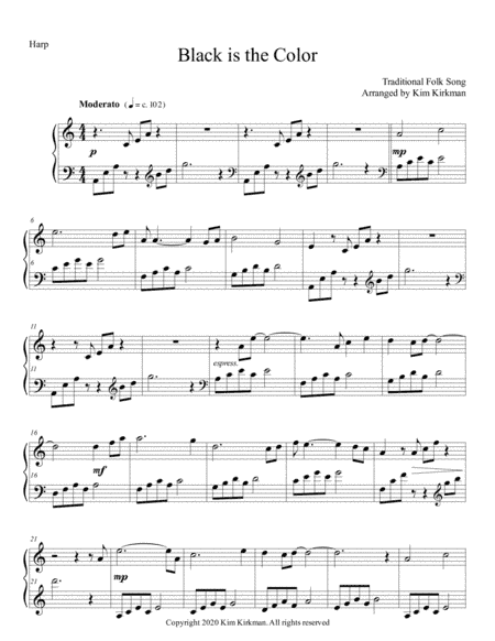 Black is the Color (of My True Love's Hair) for harp solo no levers required! (arr. Kim Kirkman)