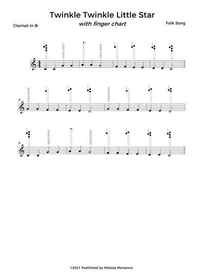 Twinkle twinkle little star for beginner clarinet with finger chart (arr. Nikolas Pereira)