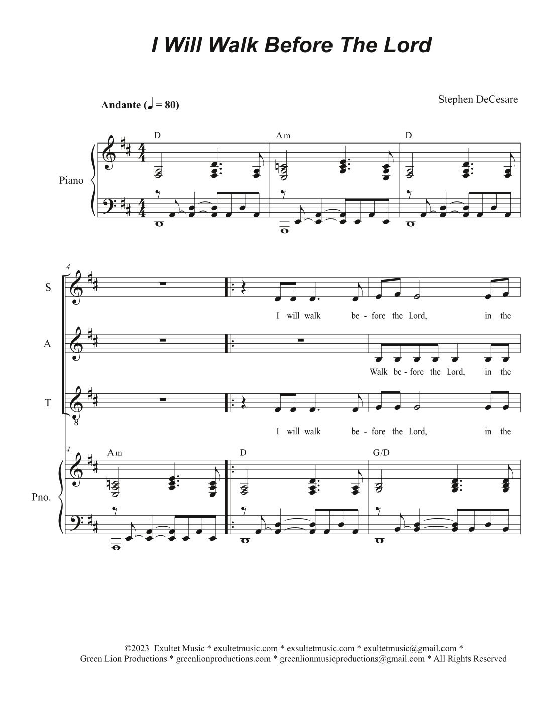 I Will Walk Before The Lord (Vocal Quartet - (SATB)