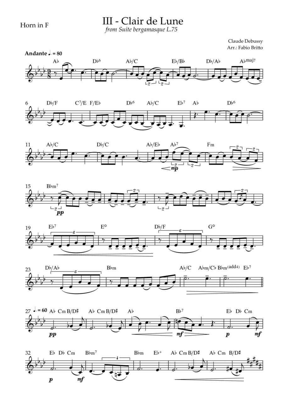 Clair de Lune (C. Debussy) for Horn in F Solo with Chords (Db Major) (arr. Fabio Britto)