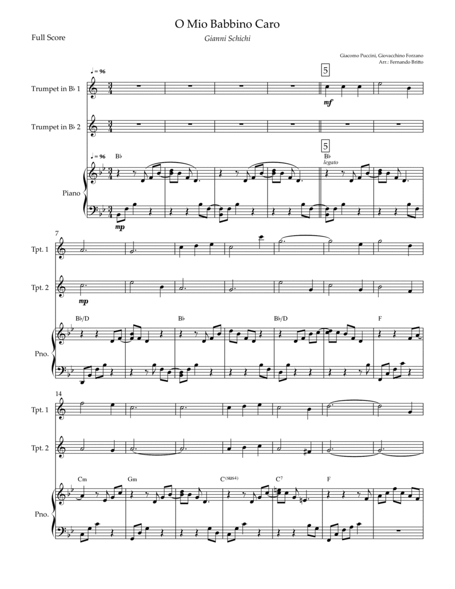 O Mio Babbino Caro (Puccini) for Trumpet in Bb Duo and Piano Accompaniment with Chords (arr. Fernando Britto)