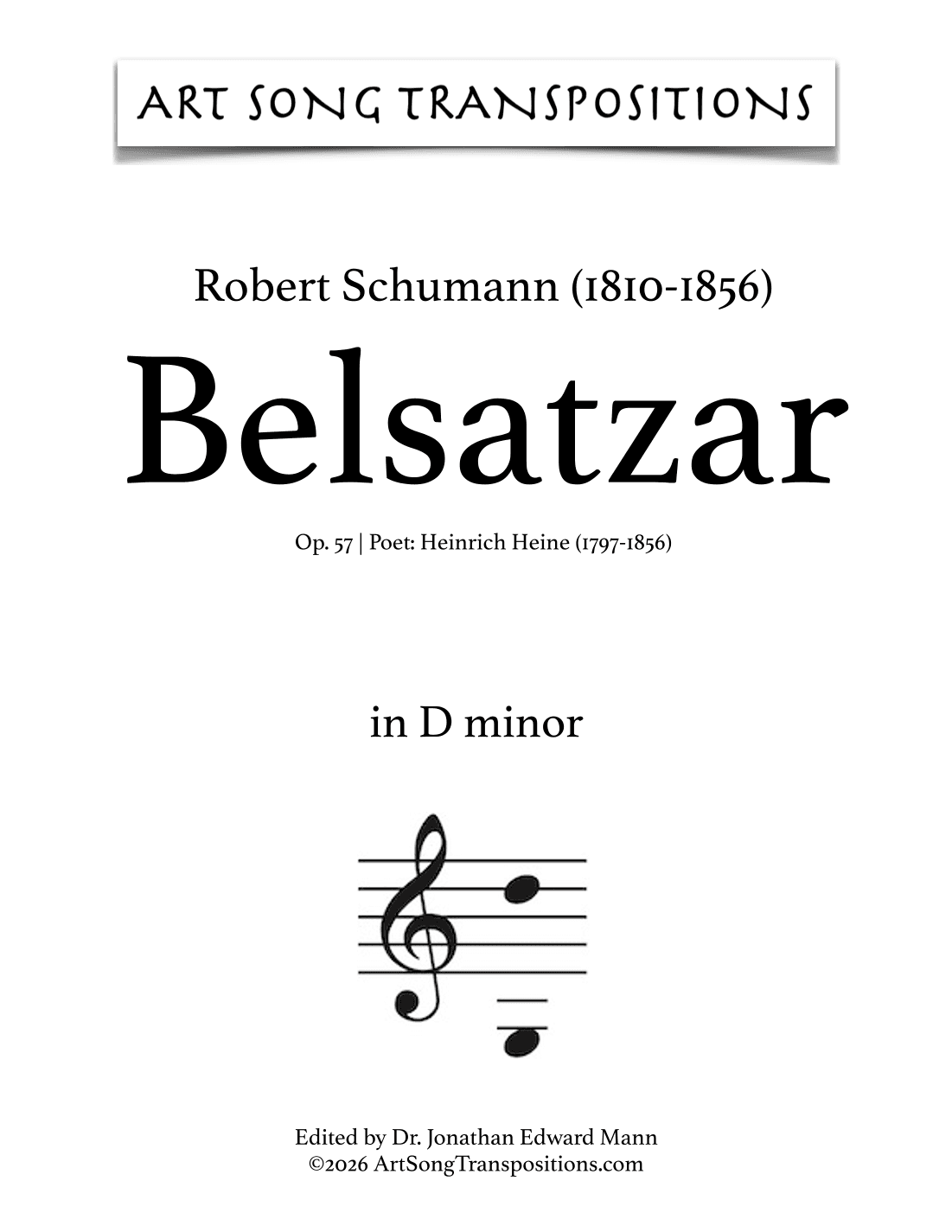 SCHUMANN: Belsatzar, Op. 57 (transposed to E-flat minor) (arr. ArtSongTranspositions.com)