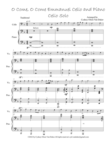O Come, O Come Emmanuel  cello and piano (arr. Cydney Olson Van Duker)