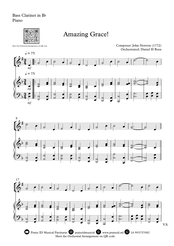 Amazing Grace How Sweet the sound - Easy Bass Clarinet and Piano (arr. Daniel H Rosa)