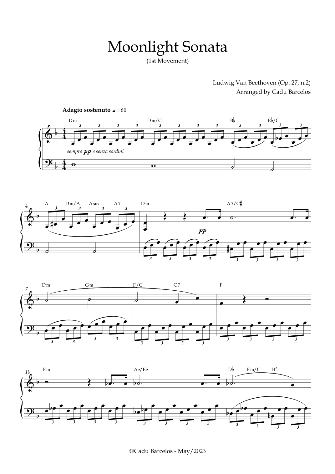 Moonlight Sonata (Beethoven) D minor - Piano and chords (arr. Cadu Barcelos)