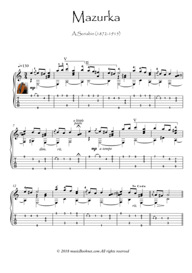 Mazurka by Alexander Scriabin guitar solo (arr. PianoSheetNow)