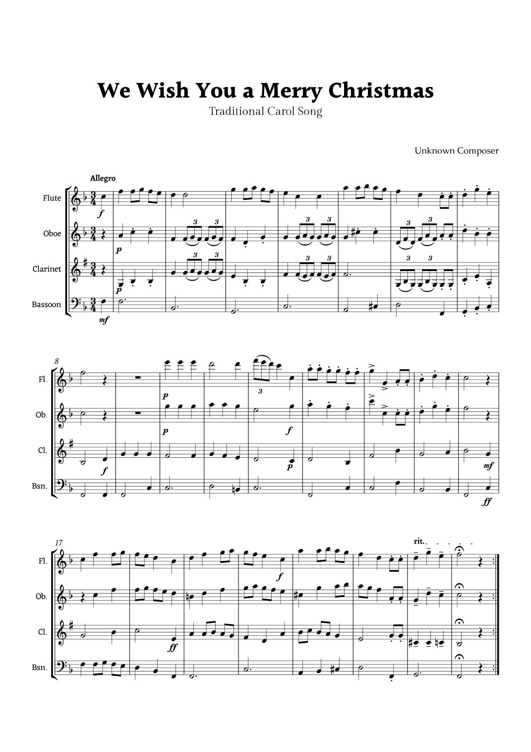 We Wish you a Merry Christmas for Woodwind Quartet (arr. Rika K.)