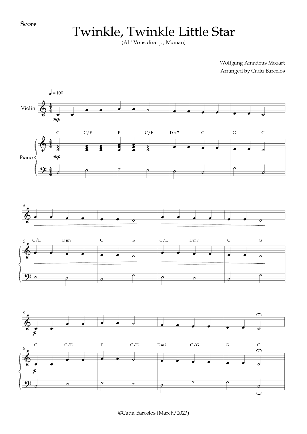 Twinkle, Twinkle Little Star - Easy Piano and Violin C Major Chords (arr. Cadu Barcelos)