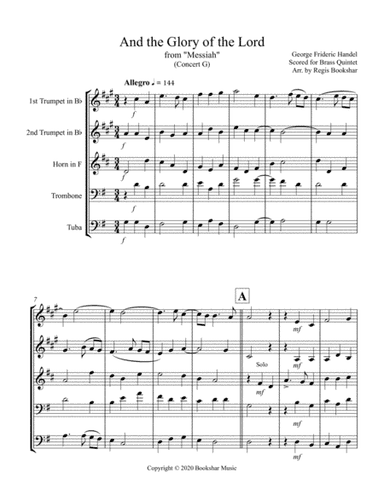 And the Glory of the Lord (from "Messiah") (G) (Brass Quintet - 2 Trp, 1 Hrn, 1 Trb, 1 Tuba) (arr. Regis Bookshar)