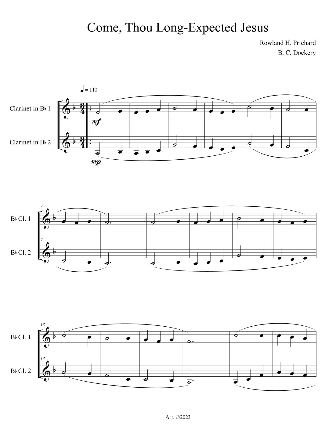 Come, Thou Long-Expected Jesus (Clarinet Duet) (arr. B. C. Dockery)