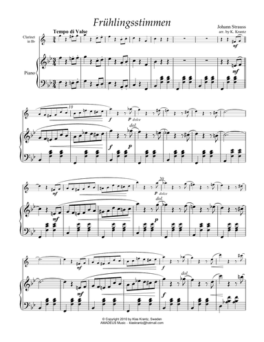 Frühlingsstimmen / Voices of Spring for clarinet in Bb and piano (arr. K. Krantz)