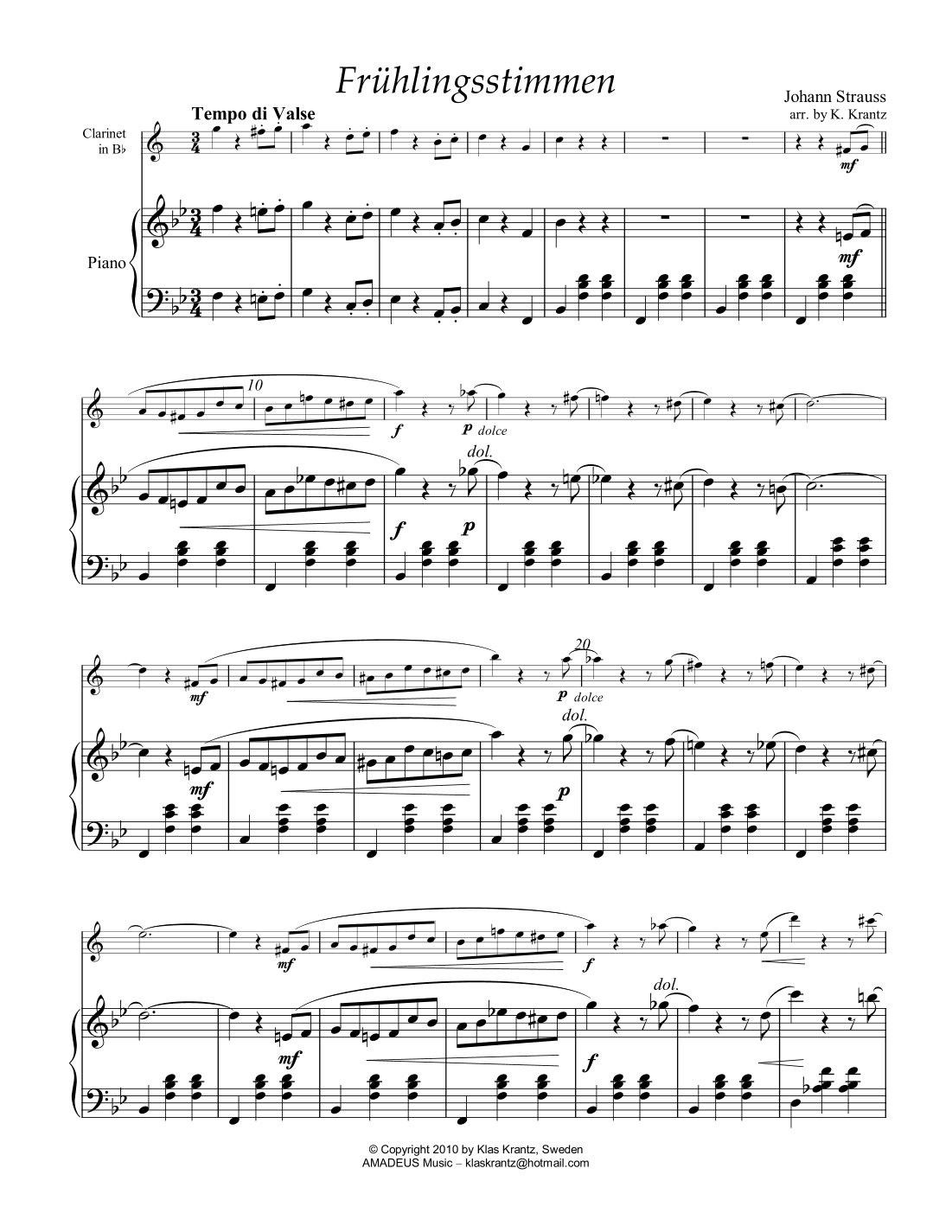 Frühlingsstimmen / Voices of Spring for clarinet in Bb and piano (arr. K. Krantz)