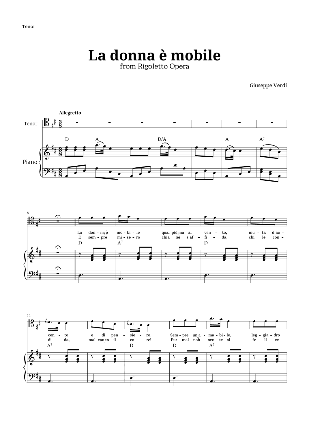 La donna è mobile in D major for Tenor and Piano (arr. Langanho)
